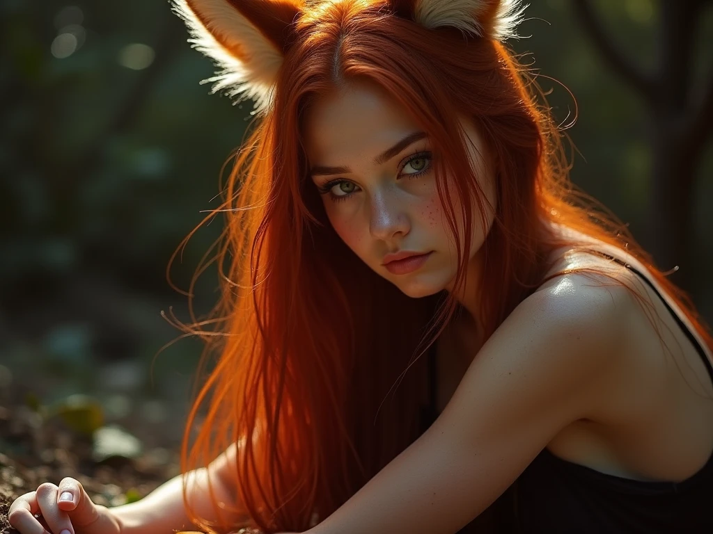 a closeup portrait of a playful foxie woman, undercut hair, amazing body, pronounced feminine feature, forest, ginger hair, freckles, flirting with camera