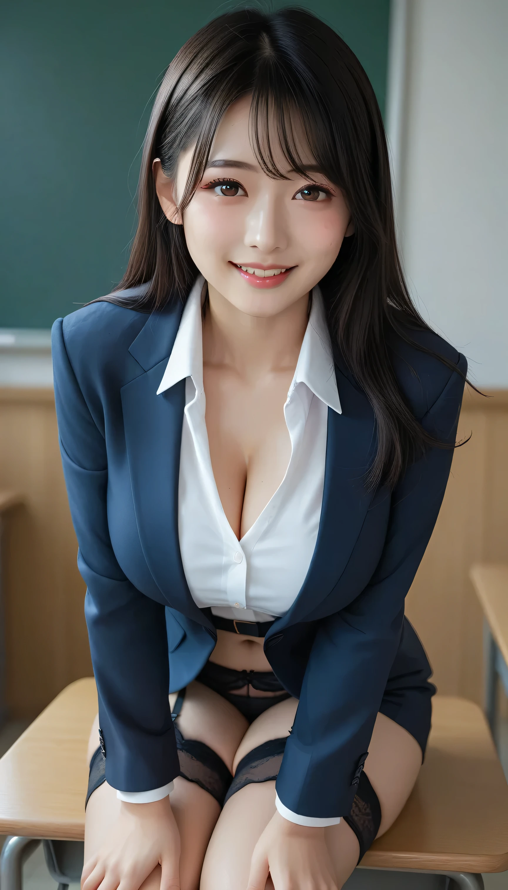  score_9,  score_8_up,  score_7_up, super detailed,  BREAK Complete Anatomy  ,  beautiful face and eye details flooded into the classroom,  1 Japanese girl  ,  black hair,  straight hair,amount,smile,  business suit,  I'm wearing a curved permanent ,Hands on knees, Big Breasts ,crop,From a viewpoint,  viewers, ((suit and miniskirt )) ,Do the splits、 legs、 garter belt、 focus on your thighs、m字Do the splits