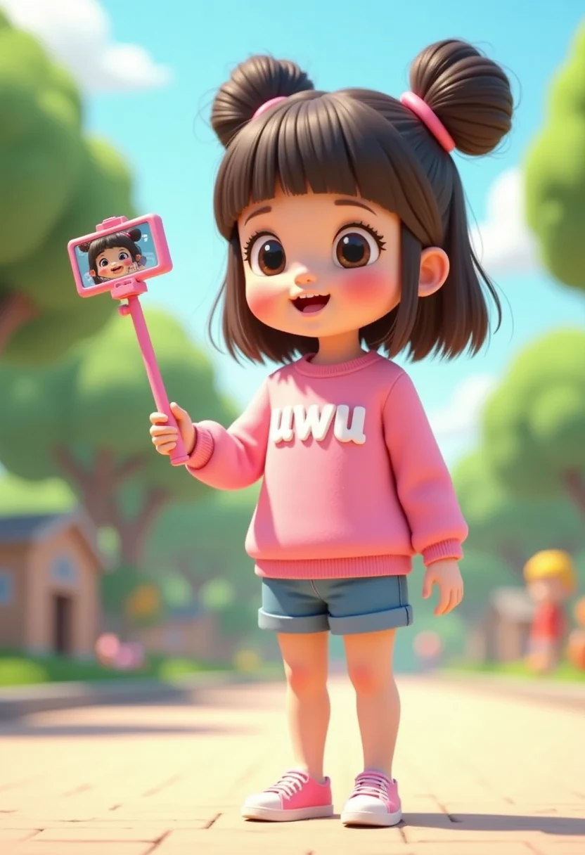 3D animation with vibrant color palette, a girl, cute and adorable with her hair into two buns on top and bangs, beautiful cute girl, cheeks flushed, wearing a pink sweater with "uwu" printed on the front with white color, blue shorts, ((invisible feet)) stand while holding a selfie stick, fish eyes lens, perfect eyes