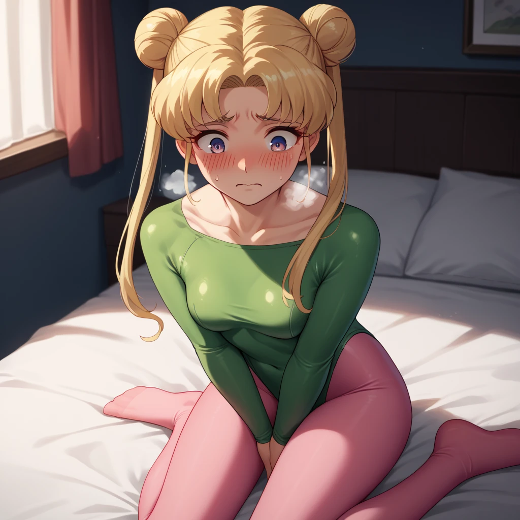 slrmn, blonde hair, twintails, double bun, parted bangs, 
skin tight, tight fit, long sleeve, simple green leotard, pink pantyhose, (off neck), break,
score_9, score_8_up, score_7_up, dimly lit bedroom, break,
embarrassed, blush, heavy breathing, hands between legs, wariza, upturned eyes, , 