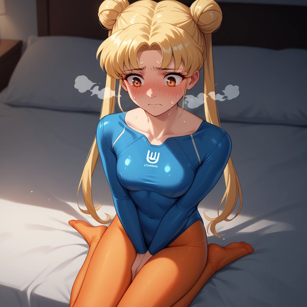 slrmn, blonde hair, twintails, double bun, parted bangs, 
skin tight, tight fit, long sleeve, simple pink leotard, white pantyhose, (off neck), break,
score_9, score_8_up, score_7_up, dimly lit basement, lamp, break,
embarrassed, blush, clenched teeth, hand between legs, hand on own chest, lying on back, , , 