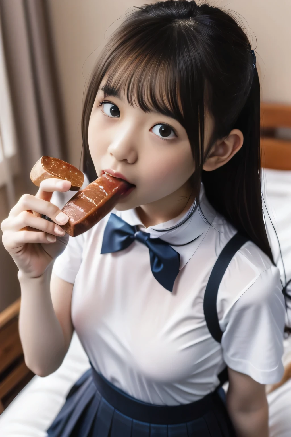 masterpiece, best quality, intricate details, extremely detailed, cinematic lighting, solo, 1girl, a 16yo Japanese schoolgirl,  (oral, blowjob, deepthroat, eating a huge sausage in hand, shovel a big sausage into mouth, fully open mouth:1.4), (large breasts, ), dark hair, twintail hair, cute face, extremely detailed face, beautiful detailed eyes, sophisticated nose, pale skin, fine-textured skin, sweaty, shiny skin, photo background, at bed, school uniform, school uniform, japan, hard nipple, nipple slip, jav, deep throat, handjob, cowgirl