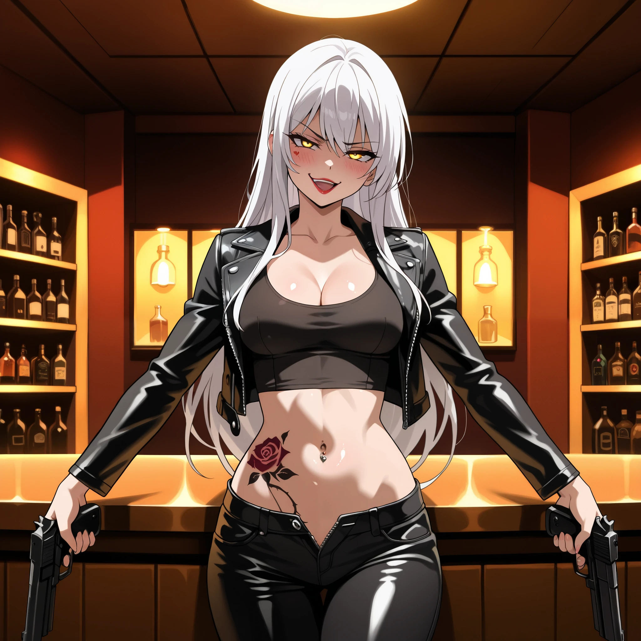 vysis, white hair, long hair, yellow eyes, medium breasts, anime coloring, blush, lipstick, long hair,  Hot girl, baddie, staring, glaring, bad attitude, mean girl,  masterpiece, best quality, highly detailed, indoors, bar background, inside bar, masterpiece, best quality, highly detailed, a girls with a gun, evil smile , open mouth, sexy gaze, badass pose , evil smile, smile, (nsfw) not safe for work, guns blazing, anime girl with long hair, beautiful long haired girl, navel, evil expression, exposed belly, exposed navel, exposed midriff, exposed lower belly, long black pants, crop top, cleavage, unbuttoned leather pants ,open fly, low rise black leather pants, leather jacket, holding a gun, holding pistol, tattoo on body, tattoo midriff, rose tattoo, shiny skin,, open arms sideway, arms T-pose, smirk, standing, anime girl T posing, navel piercing
