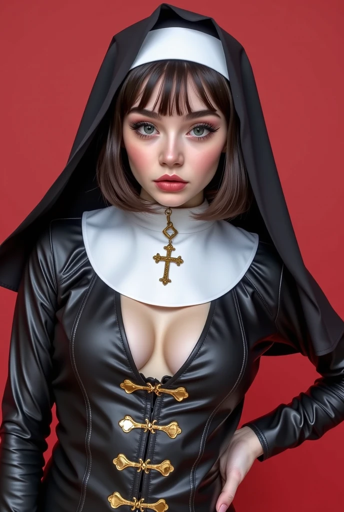 

A beautiful nun with a cross on her lips against a red background, wearing a black latex outfit with gold details, in the style of David Uhl and Jeanloup Sieff and anime, from a Vogue cover photo with a maximalist composition trending on Instagram.