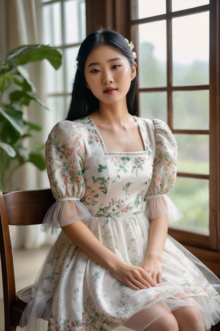 A young Asian Chinese girl sitting gracefully on a chair, wearing a white cottagecore floral puff sleeve dress. The dress features intricate floral patterns and a soft tulle layer at the hem, giving it an elegant and airy appearance. Her long straight black hair flows naturally with a small decorative clip on one side. The scene is indoors, illuminated by warm natural light streaming through a window, creating a serene and cozy atmosphere. She has delicate facial features with a gentle, serene expression, capturing youthful elegance