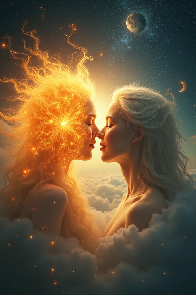 Create a couple represented by the moon and the sun, the moon being the man and the sun being the woman with curly hair.