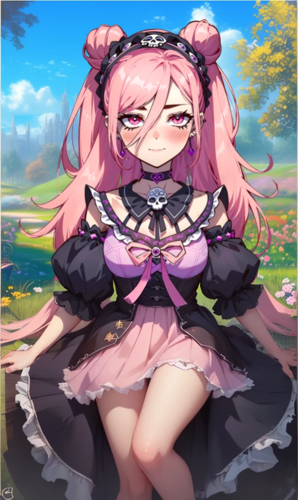 A pink haired woman with violet eyes and an hourglass figure in a Gothic lolita dress is blushing underneath a creepy tree