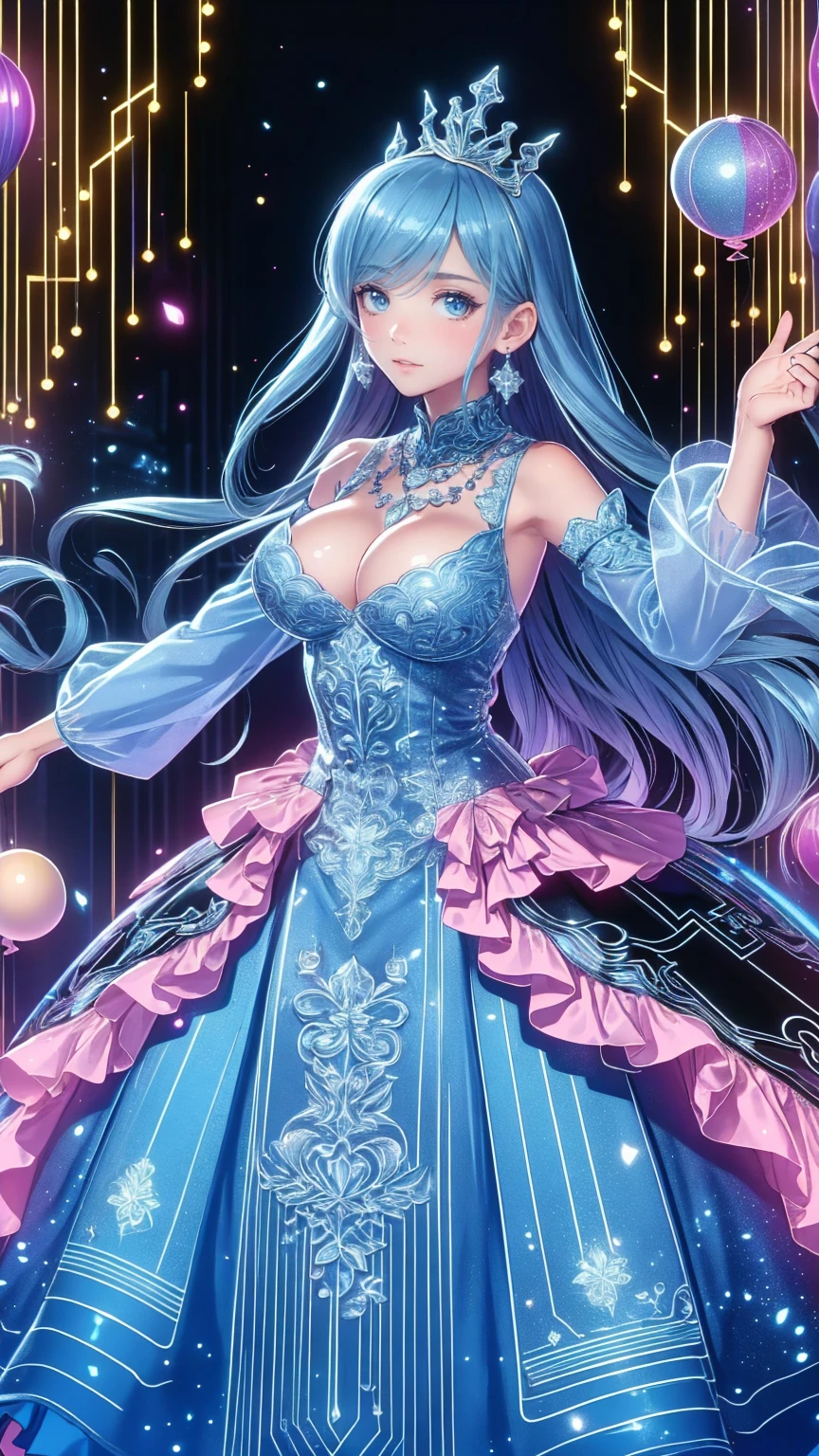 (((young face solo Captivating Adorable princess))), (((dress 💎 dress)))), (((Unsurpassed gorgeous rococo victorian gown with voluminous  hoopskirt and long hems, princess style skirt))), (gown brilliances dazzlingly glitter reflective prismatic transparency gown:1.5), (gown ultra elaborate gown:1.5), (gown transparent gown:1.5),  (((huge breasts))), breasts focus, breasts cleavage, (hair pink hair:1.5), (((ponytail fluffy long ponytail))), ((Expressive hair)), very voluminous and very long hair, bangs, super delicate and beautiful face, beautiful lips, (hyper detail delicate beautiful eyes blue eyes), hair ornament silver ornament, beautiful smile, ((portrait:1.5, upper body:1.5, arms behind back:1.5, leaning forward:1.5, looking up:1.5, looking at viewer:1.5)), (((Masterpiece, Super detail, top quality, ultra high res, Spectacular Quality, Distinguished Quality, ultra detailed, unity 16k))), (coastal view:1.5), 