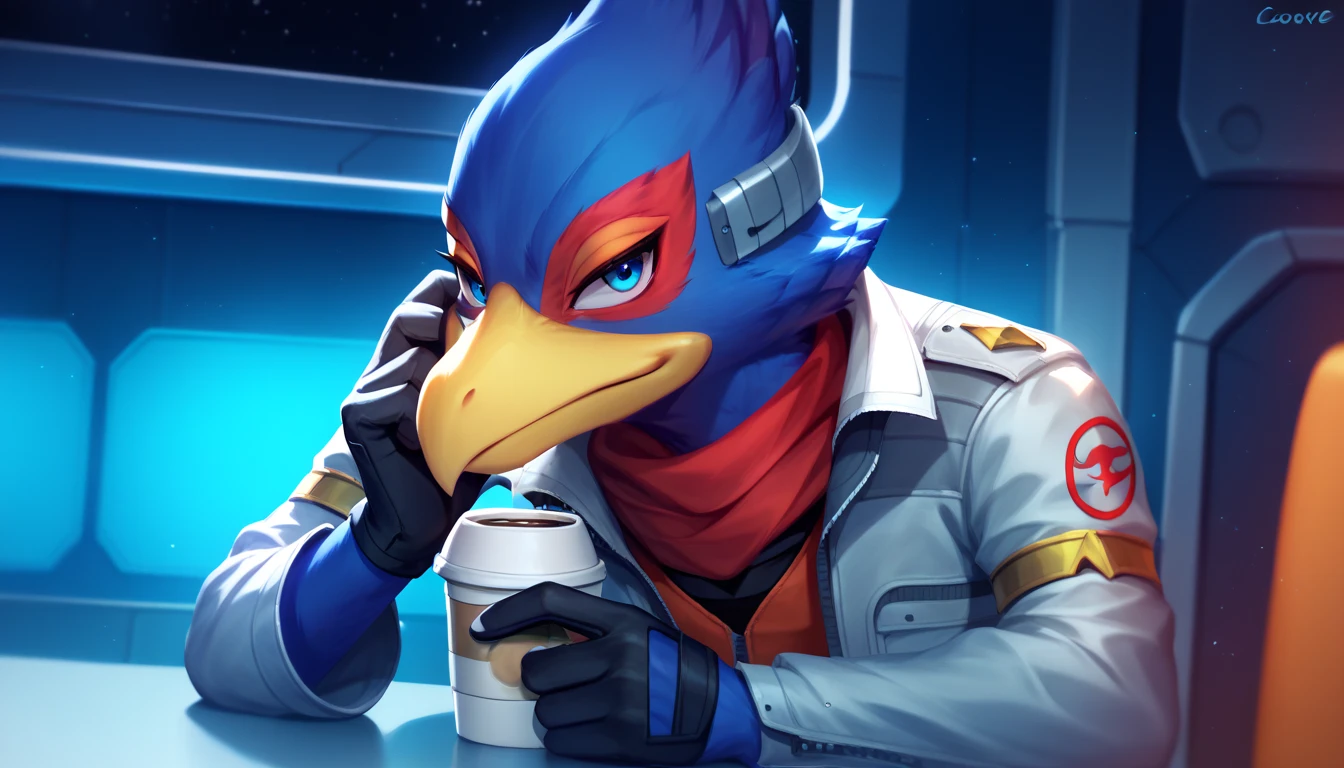 score_9, score_8_up, score_7_up, dcore_6_up, 1boy, solo, Falco lombardi, inside spaceship, beckoning, straight on,nsfw, high resolution, detailed face, high resolution, light blue eyes, dynamic pose, black gloves, blue room, blue light, anime style,  A first-person perspective of sitting across from a humanoid falcon named Falco at a cozy café. Falco is sipping coffee, wearing a casual outfit with a red scarf, his piercing blue eyes meeting yours. The warm lighting and the soft background chatter make the scene feel intimate and real.”