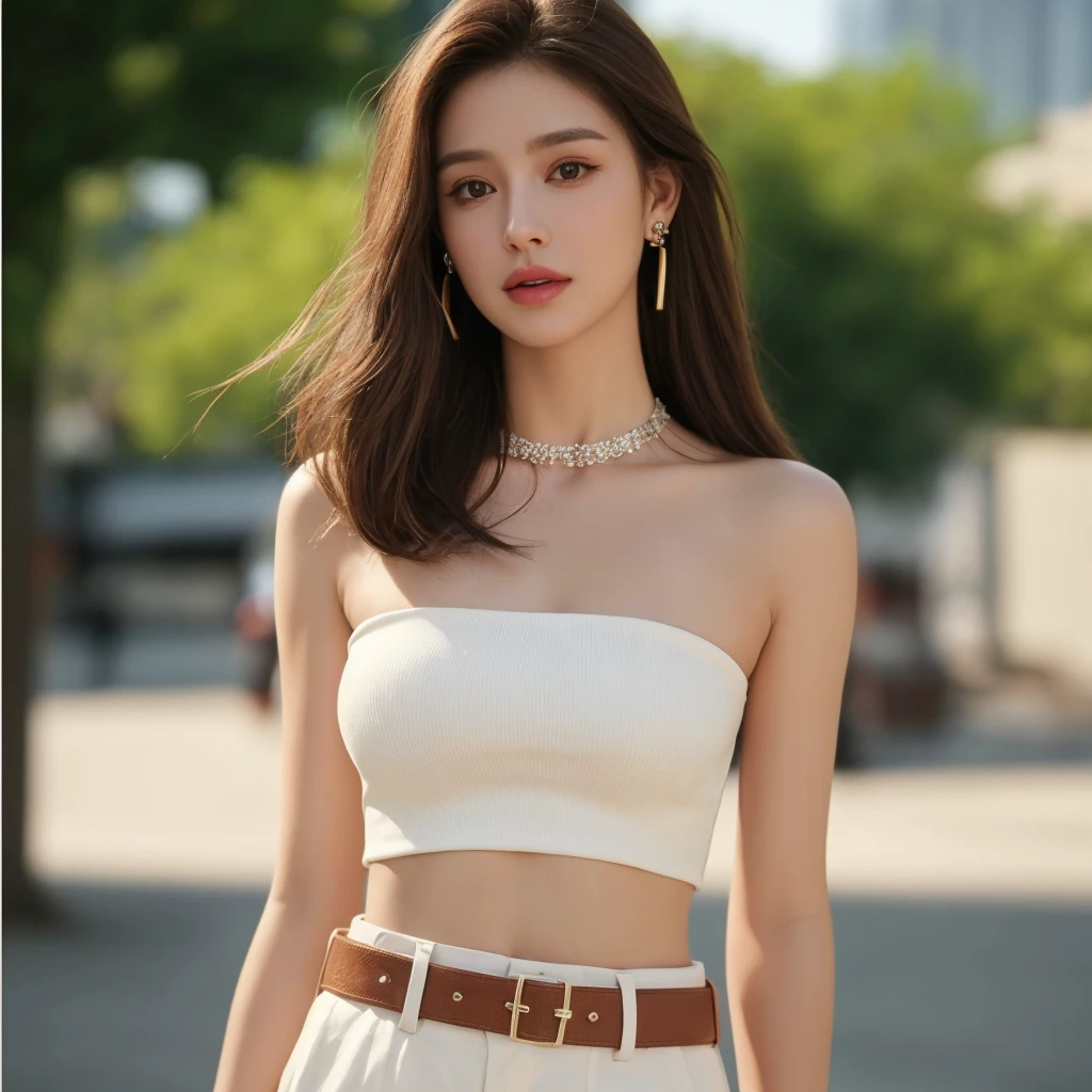 ((Realistic photo, Best quality, 8K, Masterpiece: 1.3)), (raw photo:1.2), Hyperrealist portrait gorgeous Beautiful Chinese girl, , Perfect Figure, pretty body, (beautiful flat breasts: 1.2), very detailed eyes and face, (lustfully naughty face, crimson red lip, heavy makeup: 1.3, blushing), beautiful detailed eyes, seductive sharp eyes, (charming smile: 1.4), white skin, photo realistic, very detailed face, ((white bandeau top, black pleated skirt)), (long legs: 1.2, beautiful long nails), loose curls hairstyle, ((standing pose)), (modern city street background)