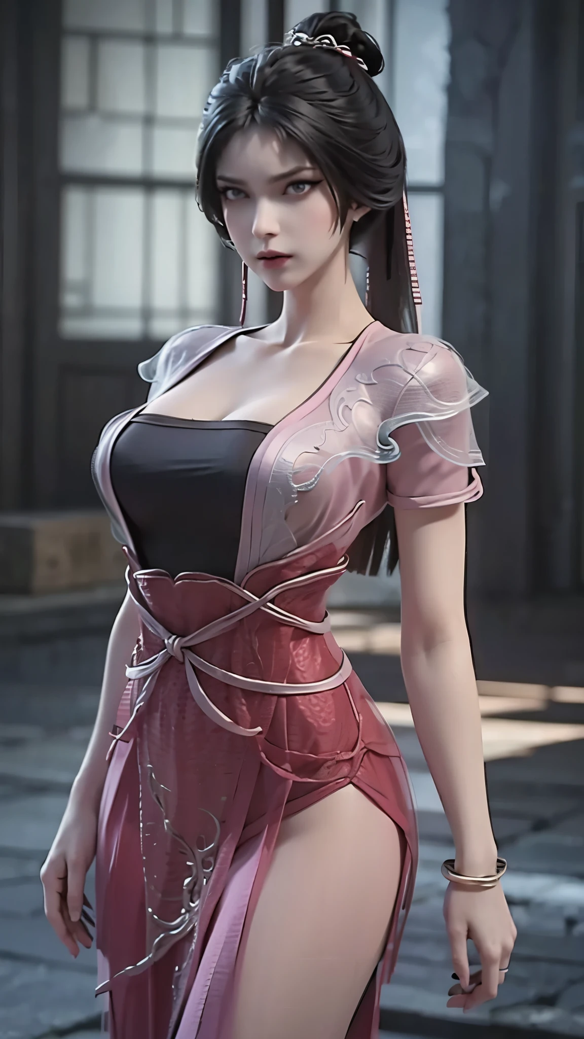 (Hyperrealistic), (illustration), (high resolution), (8K), (Extremely detailed), (Best Illustration), (Beautiful detailed eyes), (Best quality), (Ultra-detailed), (Masterpiece), (the wallpaper), (Photorealistic), (Natural light), (rim lit), (Detailed face), (Highly detailed realistic skin textures), (Anatomically correct), (Solo), (1 girl), (high detailed realistic hair),, spiked hair, (Heterochromic eyes), (detailed  eyes), (Realistic big breasts:1.5), (Exposed breasts:1.3), (Long legs), (Slender abs), (Dynamic pose), (Closed mouth:1.3), (traditional Hanfu attire), (Sheer clothes:1.5), NSFW,nakeness