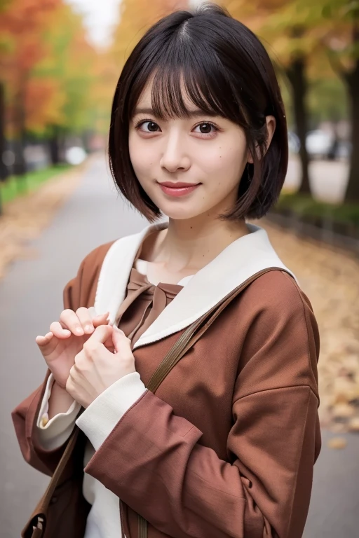 (masterpiece, best quality, perfect anatomy, highres, 8k, realistic, photorealistic, natural skin texture, no makeup:1.2), 1girl, solo, Japanese, age20, very cute, (fullbody shot), erogao, jp idol, tanukigao, shy smile, large breasts, (perfect figure), autumn, (autumn earth color clothes:1.5), in the coffeehouse, (looking at viewer:1.5), natural lighting