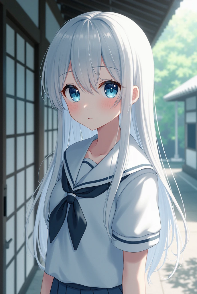 beautiful girl、Cute Girls、Silver Hair、long hair、blue eyes、high quality、Sailor suit、sexy、high school student