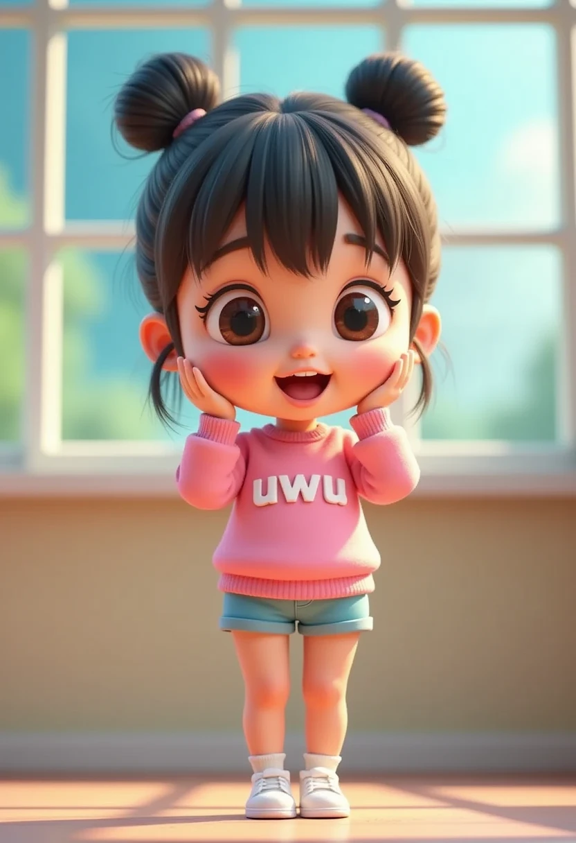 3D animation with vibrant color palette, a girl, cute and adorable with her hair into two buns on top and bangs, beautiful cute girl, cheeks flushed, wearing a pink sweater with "uwu" printed on the front with white color, blue shorts, ((invisible feet)) while holding a selfie stick ((she's doing a vlog, sis is a vlogger)), iphone photo selfie of a girl, fish eyes lens, perfect eyes.