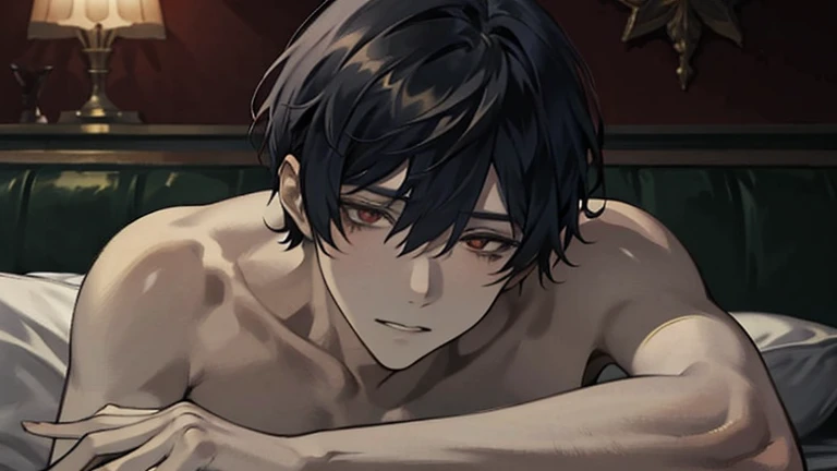   Masterpiece  ,  top quality, One man,Soft Macho,bedroom,  black hair, red eyes,night,I'm lying on the bed and looking at me with one elbow on my elbow, gentle expression ,