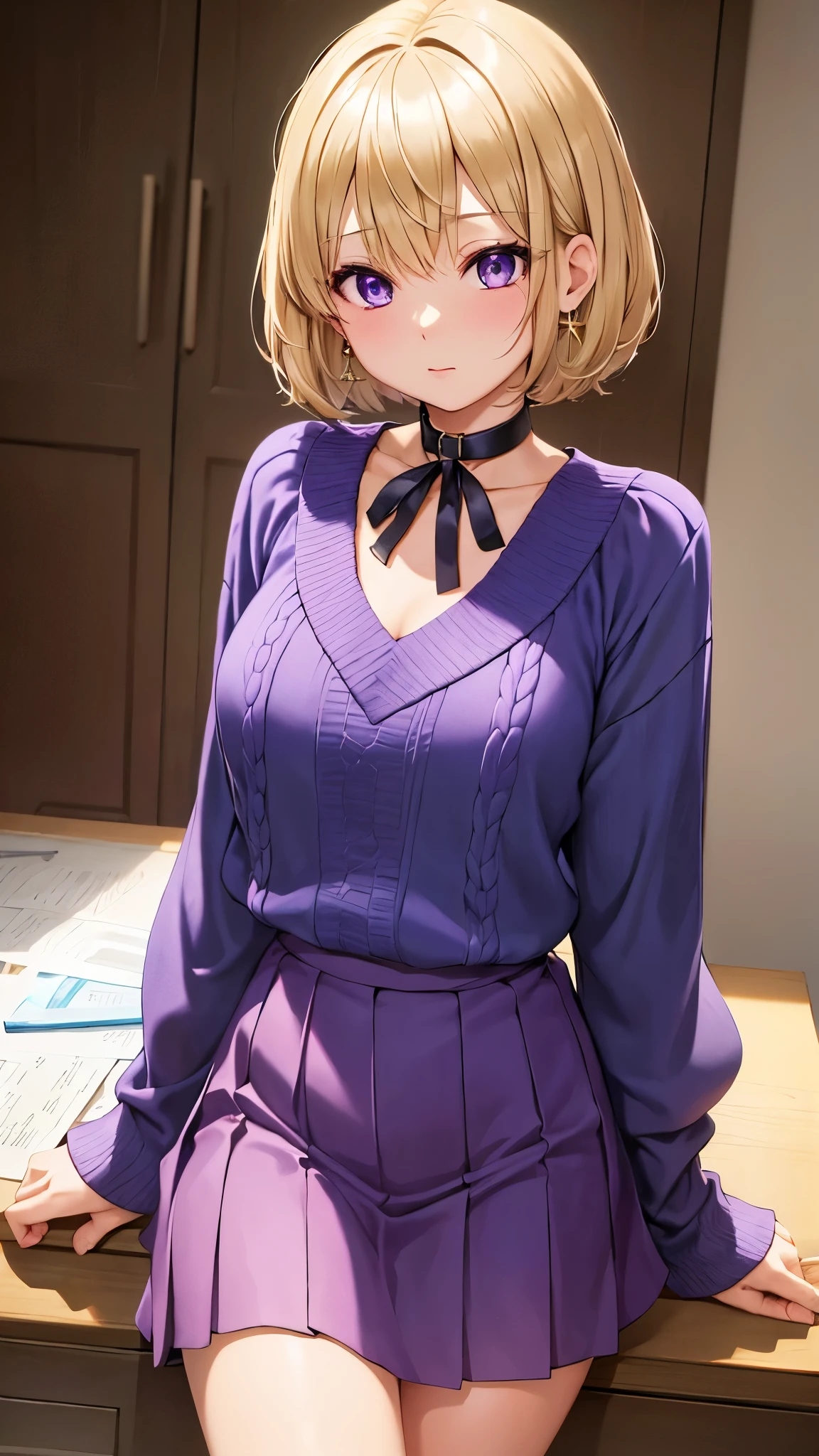 Umino Yuki 、 masterpiece ,  top quality、  top quality,(8k resolution),Beauty、(  looks like an adult), （  Sexy Perfect Style  ）、(  medium chest  )、  blonde bob cut、knit、 pleated skirt 、(( Bring your chest closer ))、  purple eyes、 purple earrings 、 purple choker 