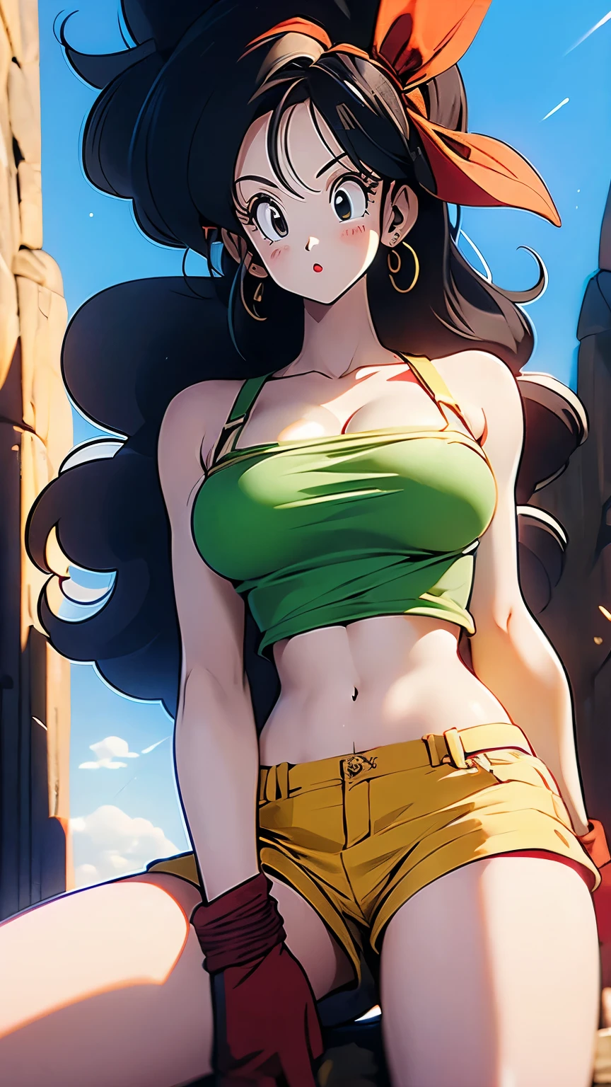  High Quality , ((launch dragon ball)), good,  1 woman, Age 35, jMature Woman,Mature Woman,  cosplay,  blue hair , fingerless gloves, ((shOrts, from below)), Sparkling blue eyes,  clevis, ((green crop top)),  long hair, Open mouth, cloud, Curly hair, blue sky, (Abdomen exposed), (Big Breasts), ((Show me your underboobs:1.8)) (pubic hair 1.6, shaggy curly pubic hair:1.8,)  big butt , Beautiful long legs, ((Outdoors, : brown gloves, red ribbon, ((short shorts)),  Red Hair Band , bare shoulders,  sitting, collarbone, yellow shorts, red footwear,  green legwear)),  eyelash , ((canyon, sweatdrop)), Sweaty:1.6