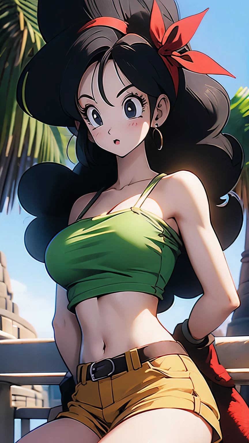  High Quality , ((launch dragon ball)), good,  1 woman, Age 35, jMature Woman,Mature Woman,  cosplay,  blue hair , fingerless gloves, ((shOrts, from below)), Sparkling blue eyes,  clevis, ((green crop top)),  long hair, Open mouth, cloud, Curly hair, blue sky, (Abdomen exposed), (Big Breasts), ((Show me your underboobs:1.8)) (pubic hair 1.6, shaggy curly pubic hair:1.8,)  big butt , Beautiful long legs, ((Outdoors, : brown gloves, red ribbon, ((short shorts)),  Red Hair Band , bare shoulders,  sitting, collarbone, yellow shorts, red footwear,  green legwear)),  eyelash , ((canyon, sweatdrop)), Sweaty:1.6