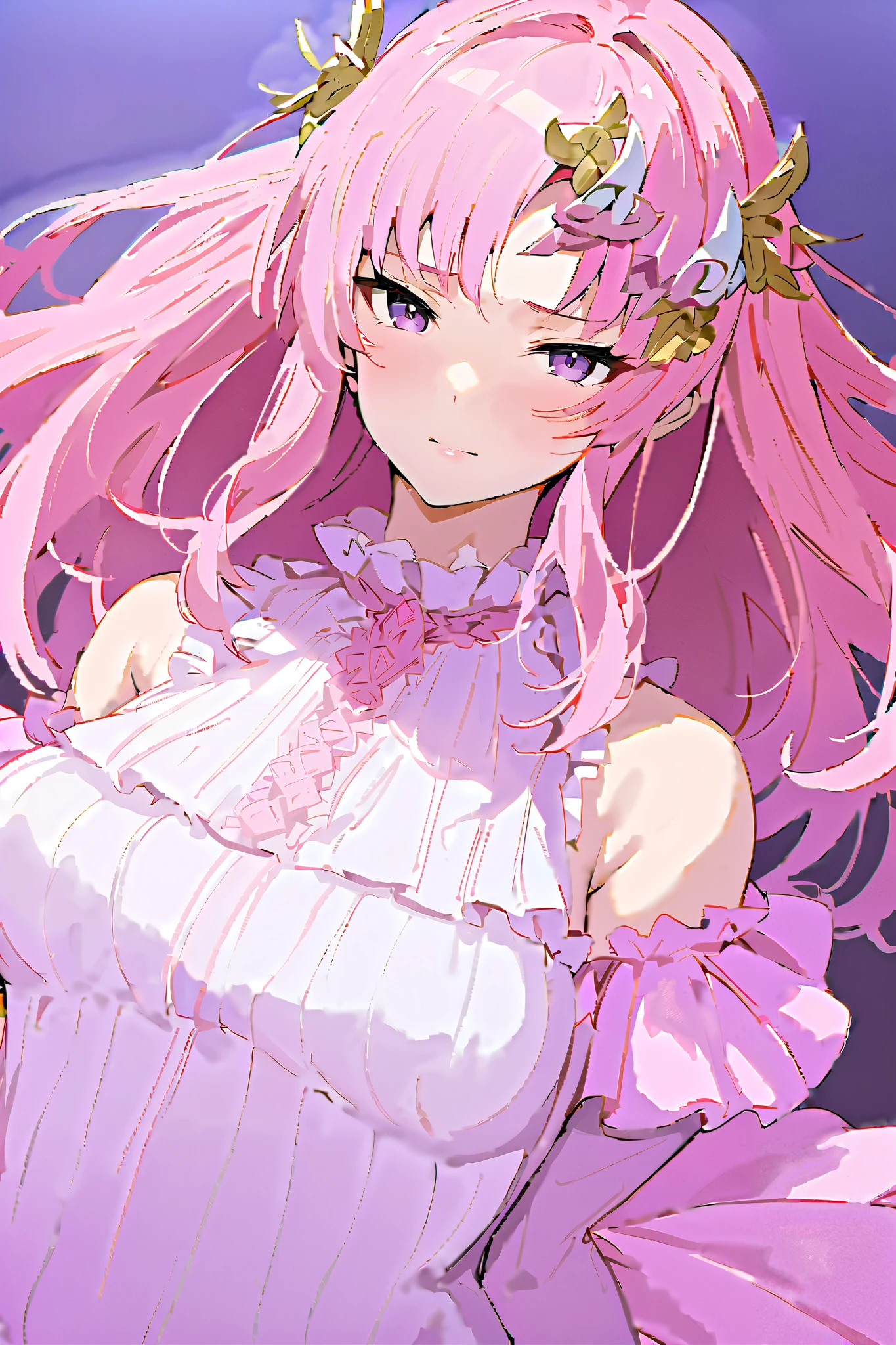 NSFW,masterpiece, top quality, high definition , very detailed,Lacus Klein 、 purple eyes、 hair ornament、 long hair、ウェーブの hair ornament、 pink hair、 dress、ロング dress、 Long Sleeve 、White sleeves、Frills、Frillsスカート、Frills袖、Sleeveless、Shoulder Bare、