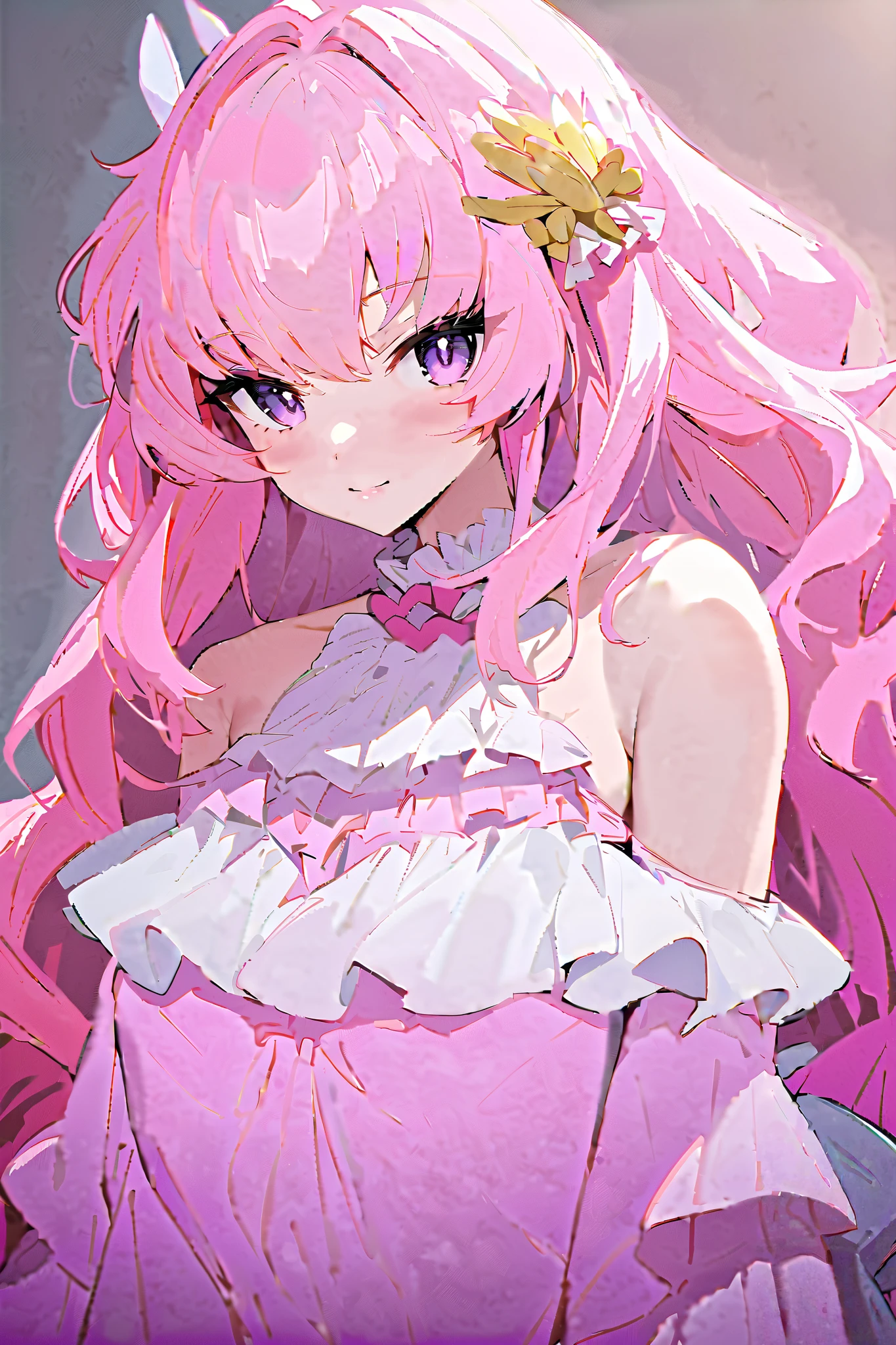 NSFW,masterpiece, top quality, high definition , very detailed,Lacus Klein 、 purple eyes、 hair ornament、 long hair、ウェーブの hair ornament、 pink hair、 dress、ロング dress、 Long Sleeve 、White sleeves、Frills、Frillsスカート、Frills袖、Sleeveless、Shoulder Bare、