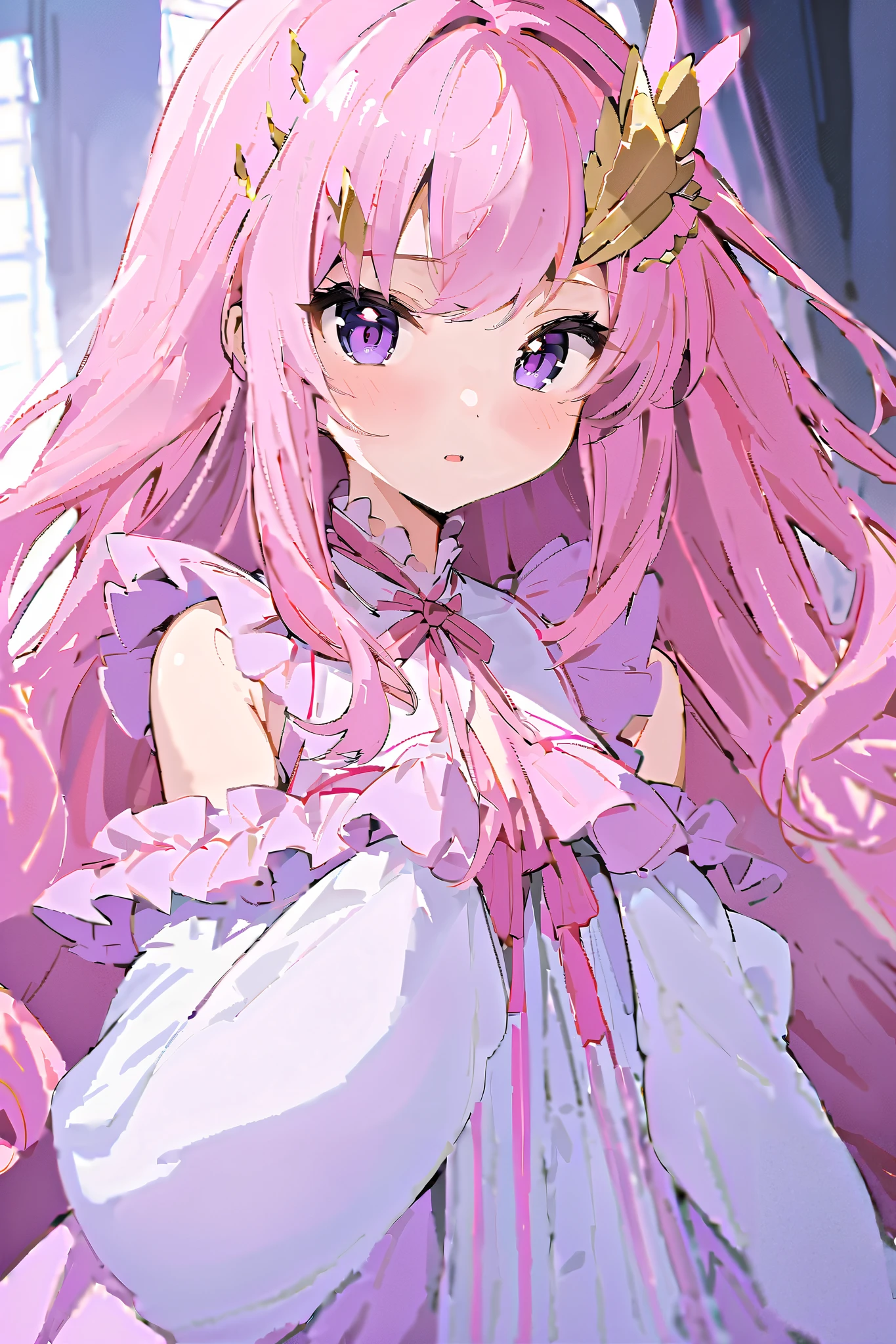 NSFW,masterpiece, top quality, high definition , very detailed,Lacus Klein 、 purple eyes、 hair ornament、 long hair、ウェーブの hair ornament、 pink hair、 dress、ロング dress、 Long Sleeve 、White sleeves、Frills、Frillsスカート、Frills袖、Sleeveless、Shoulder Bare、