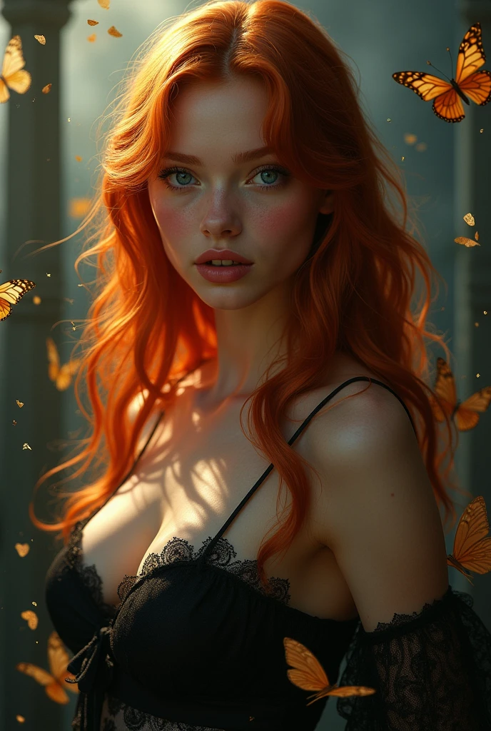 (solo, full body photo:1.3), (action packed:1.3), (haze, fog, mist:1.3), chiaroscuro, best quality, photorealistic, 1woman, (cute), (24yo:1.2), redhead, long ginger hair highly detailed, 1700'S, digital photography, art by artgerm and ruan jia and greg rutkowski surreal painting gold butterfly filigree, broken glass, (masterpiece, sidelighting, finely detailed Fashionable eyes: 1.2) (perfect oval large eyes that gazes at the viewer), beautiful detailed face, blue gorgeous perfect eyes, (blonde hair ponytail), (attractive young woman:1.3), (thick amazing hair), (seductive:1.1), (blushing:1.1), (Naked body)