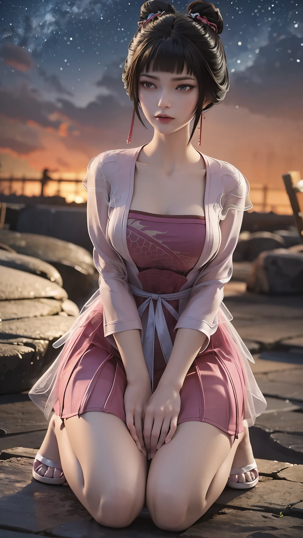 (Hyperrealistic), (illustration), (high resolution), (8K), (Extremely detailed), (Best Illustration), (Beautiful detailed eyes), (Best quality), (Ultra-detailed), (Masterpiece), (the wallpaper), (Photorealistic), (Natural light), (rim lit), (Detailed face), (Highly detailed realistic skin textures), (Anatomically correct), (Solo), (1 girl), (high detailed realistic hair),, spiked hair, (Heterochromic eyes), (detailed  eyes), (Realistic big breasts:1.5), (Exposed breasts:1.3), (Long legs), (Slender abs), (Dynamic pose), (Closed mouth:1.3), (traditional Hanfu attire), (Sheer clothes:1.5), NSFW,nakeness