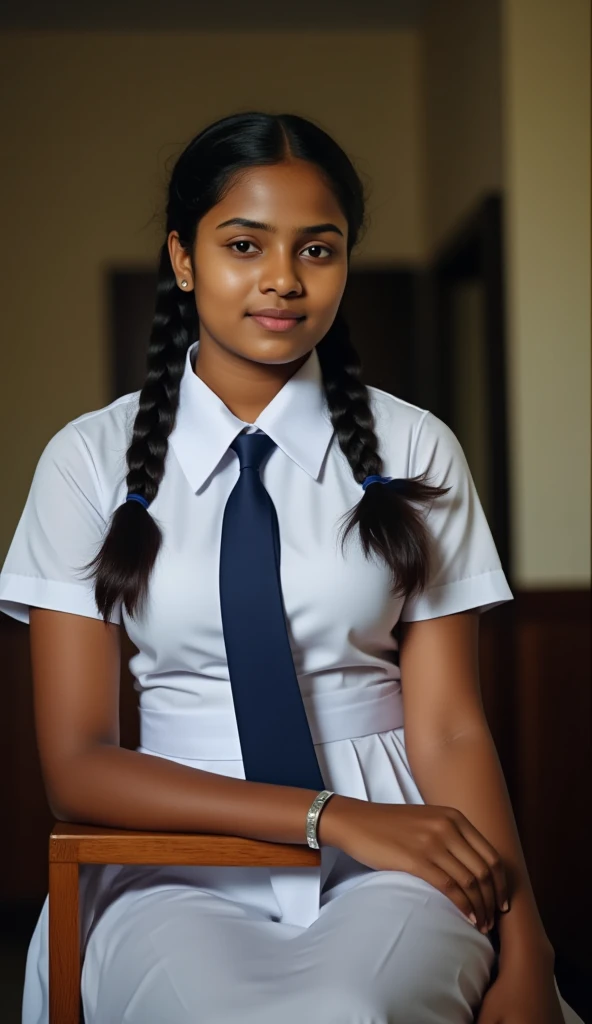 beautiful cute Sri Lankan 21 years old school girl, in barefoot, Large breast size , 20 years old, wearing a white frock and a dark blue tie. She has plaits, black braided long hair, cinematic lighting, glowing, movie filter, moody effect, thick body, beautiful Indian face, sitting on a chair, Sri Lankan school dancing room environment. full body shot