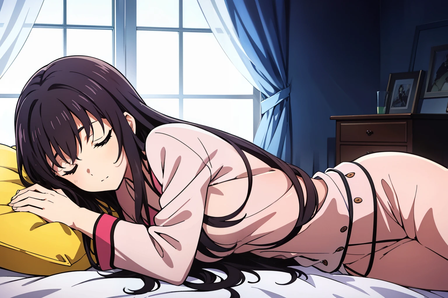 from side, 1 girl, cute, black hair, 髪band, masterpiece, ((lying and Sleeping on the bed)), (Pajamas), full body, (Curtains are open and sunlight is shining through the window), (anime cels style, Masterpiece, best quality, high resolution, anime colored, megami magazine:1.2, anime poster style, anime keyvisual, sharp, 8k, photorealistic), 