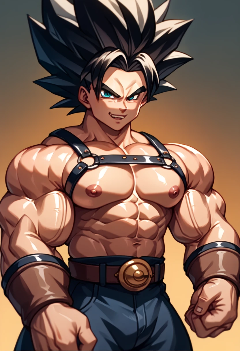  top quality,Anatomical, Big Muscles , Vegeta and Kogenta mix,Demon Body,Sexually attractive gestures,shiny skin, growing skin, taken over by the devil , He smiles wickedly ., armband, bracers,Harness,gigantic penis,