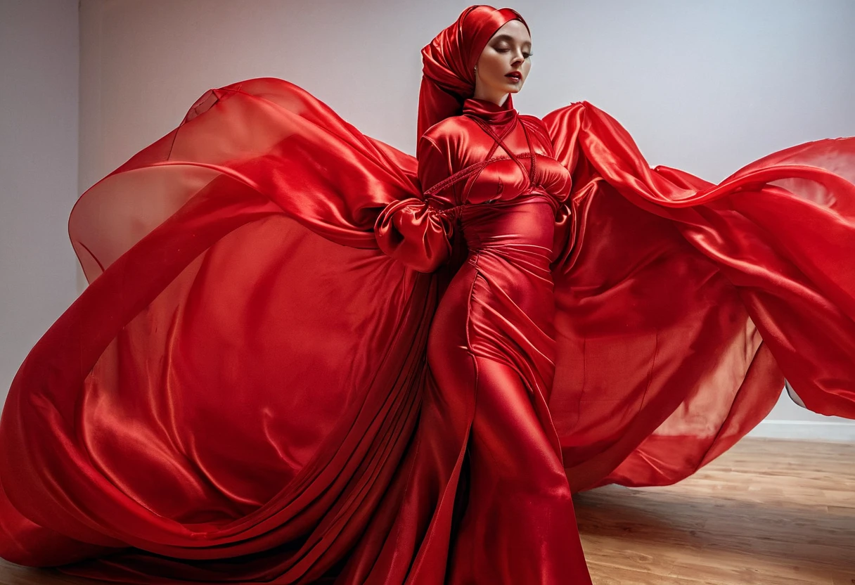 A woman shrouded in a 10-meter-long, plush red semi transparent satin cloth ,slim body with big breast, tightly bound and grandly draping along the form of her body, tight flowing off into a pooled floor-length train, styled in a mermaid-inspired outfit,puffy sleeves, tight clothing from waist to thigh, her head modestly veiled in a satin hijab, tall woman, strugle to move, walk pose in photo studio, sexy face, a full-body pose conveying a sense of mysterious elegance, captured in a 4k resolution, ultra-realistic