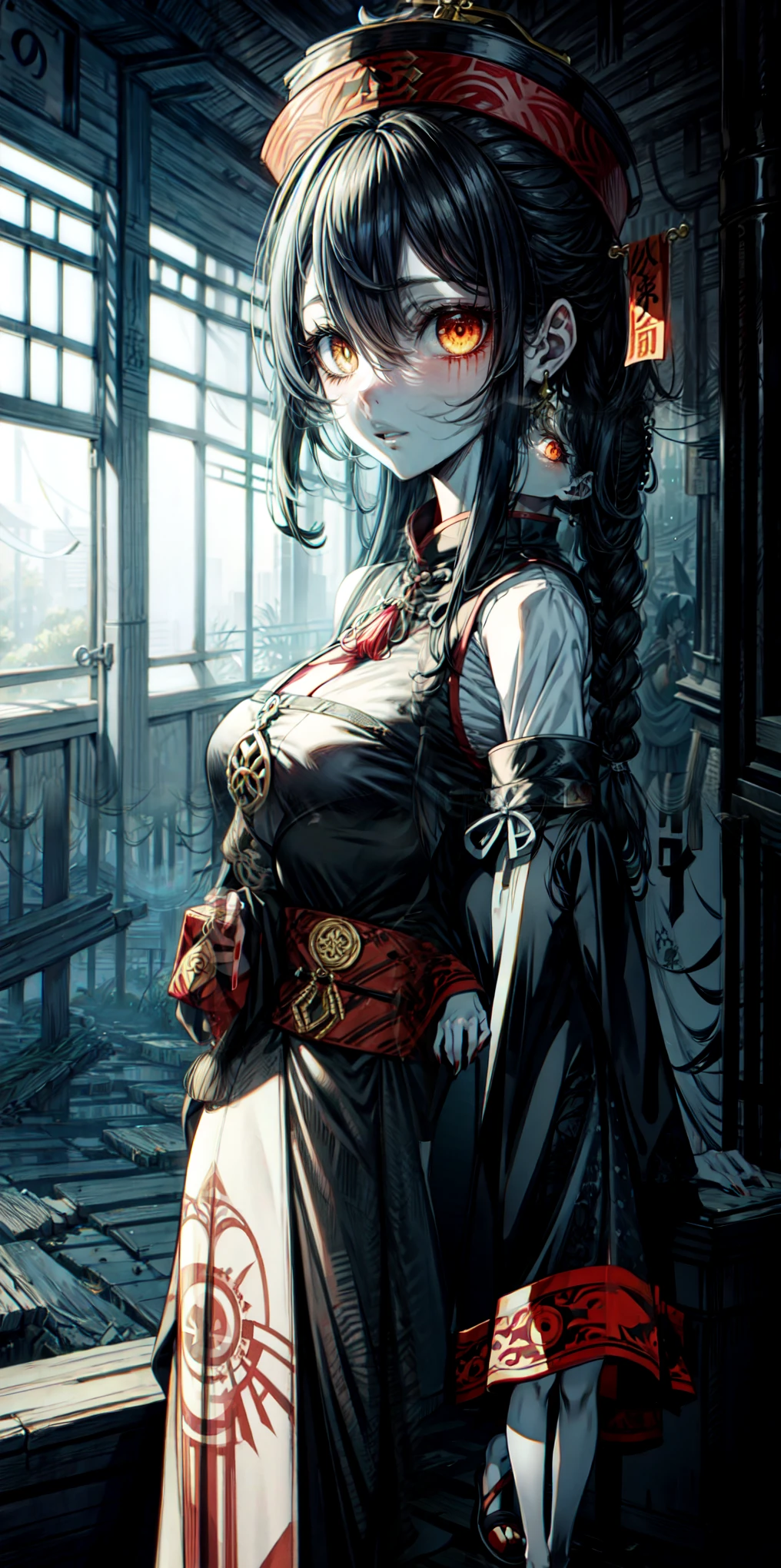 lora:flat:-1.2, masterpiece, best quality, 4k, 8k, 1 woman, solo, pale skin, tall stature, long hair, blunt bangs, side braid, black hair, ugly face, bad face, bad eyes, droopy eyes, unclear eyes, ruby red eyes, lemon yellow eyes, pale skin, black eyeliner, black eye shadow, heterochromia, slender frame, frightened, ofuda, jiangshi costume:1.2, sheath long skirt, China dress, fang, horror, coffin, forest, dark night, stormy weather, fog, from front, upper body, look at viewer