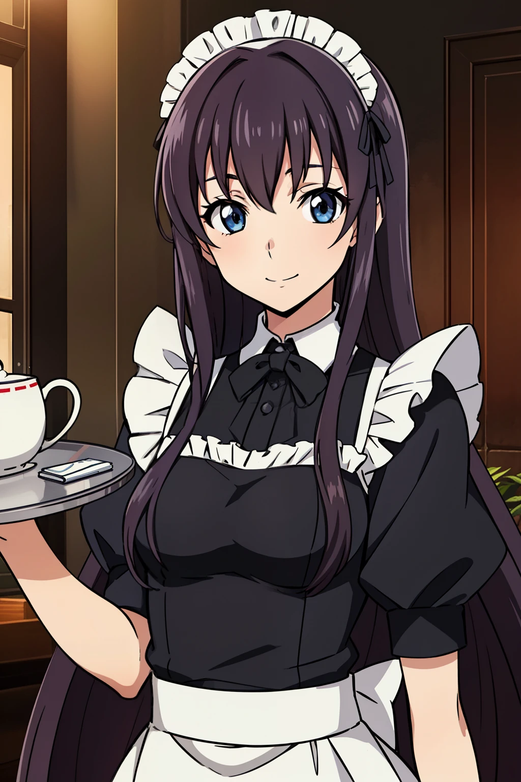 1 girl, cute, black hair, long hair, 髪band, (having a café tray on hands), (smile), (Gothic coffee shop), ((maid)), (anime cels style, Masterpiece, best quality, high resolution, anime colored, megami magazine:1.2, anime poster style, anime keyvisual, sharp, 8k, photorealistic), beautiful eyes