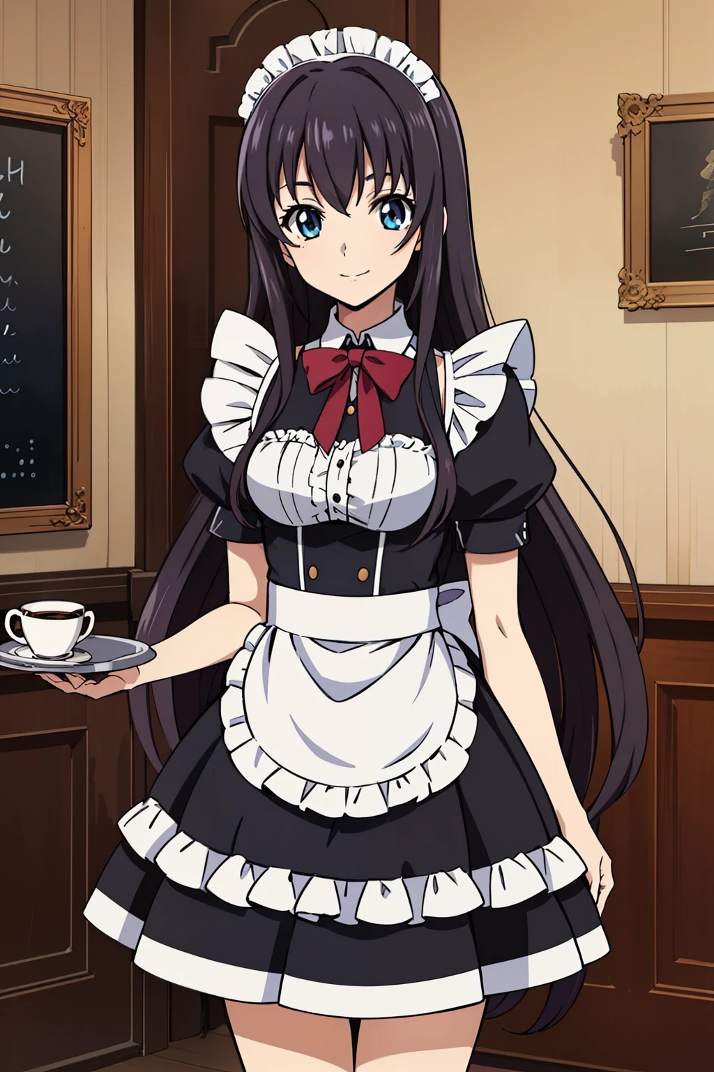 1 girl, cute, black hair, long hair, 髪band, (having a café tray on hands), (smile), (Gothic coffee shop), ((maid)), (anime cels style, Masterpiece, best quality, high resolution, anime colored, megami magazine:1.2, anime poster style, anime keyvisual, sharp, 8k, photorealistic), beautiful eyes