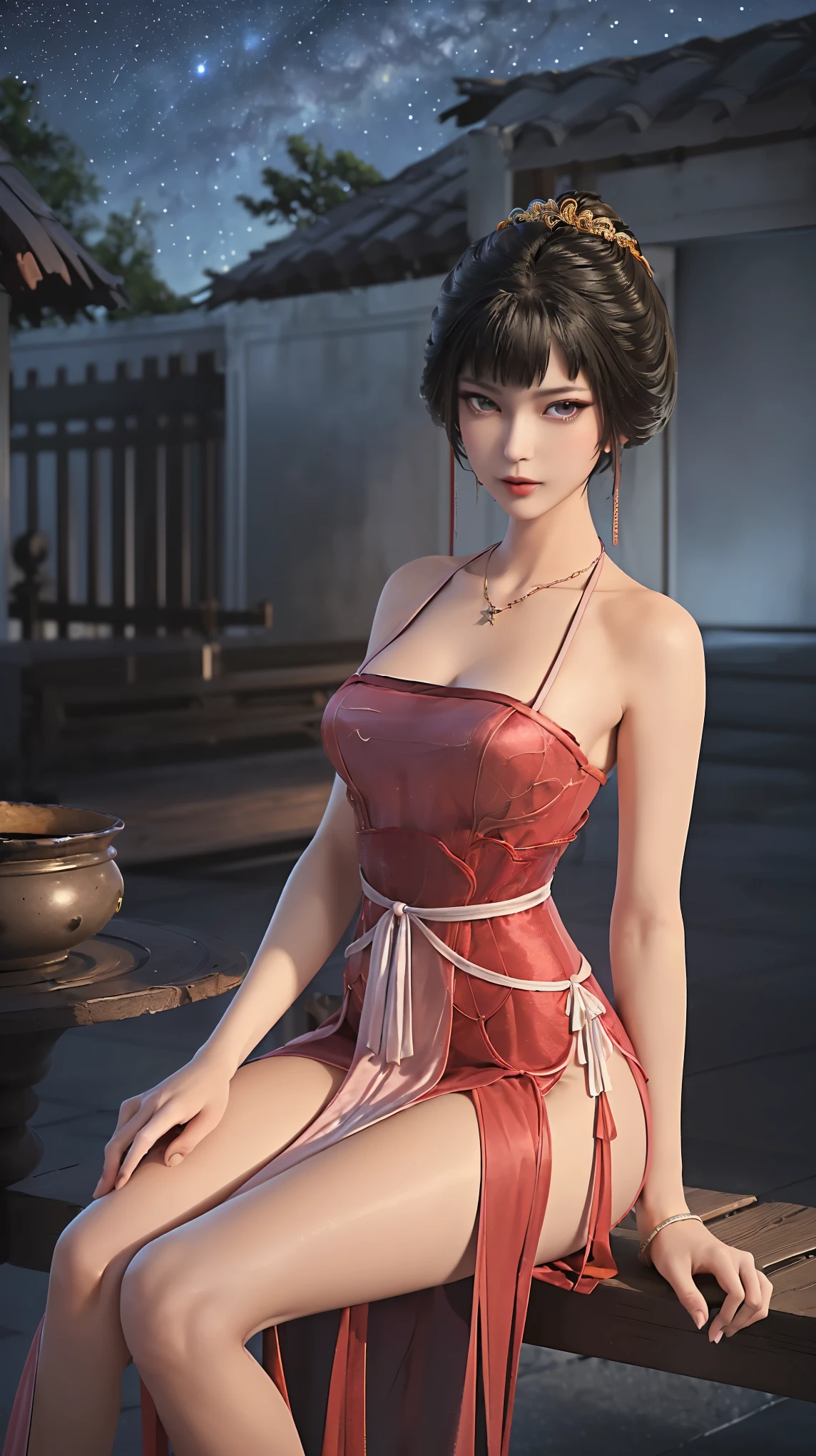 (photograph, hyperrealism, masterpiece, 8k:1.3), 1girl, Mozambican, skinny, nsfw, graduated bob hair, brunette, naughty_face, Firelight, The flickering glow of a fireplace, bringing intimacy and warmth to the setting, trending on Getty Images, concept art, shot by robert capa, from afar, full body, <lora:SexyChinaDress:0.9>, china dress