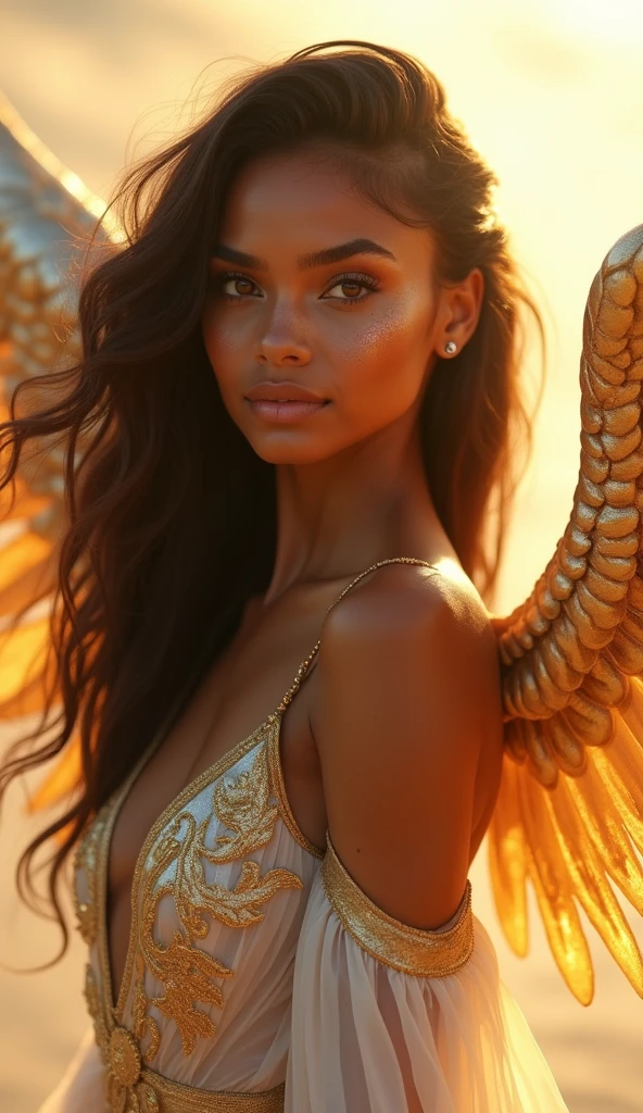 A Full body wide angel professional potrait of a beautiful papuan woman, clear and detailed eyes, with curly hair,wearing no clothes, standing on the beautiful  beach at sunset, backlighting, fashion photography, centered, symmetrical, Canon RF 50mm f/1.2L Lens, by Tyler Mitchell