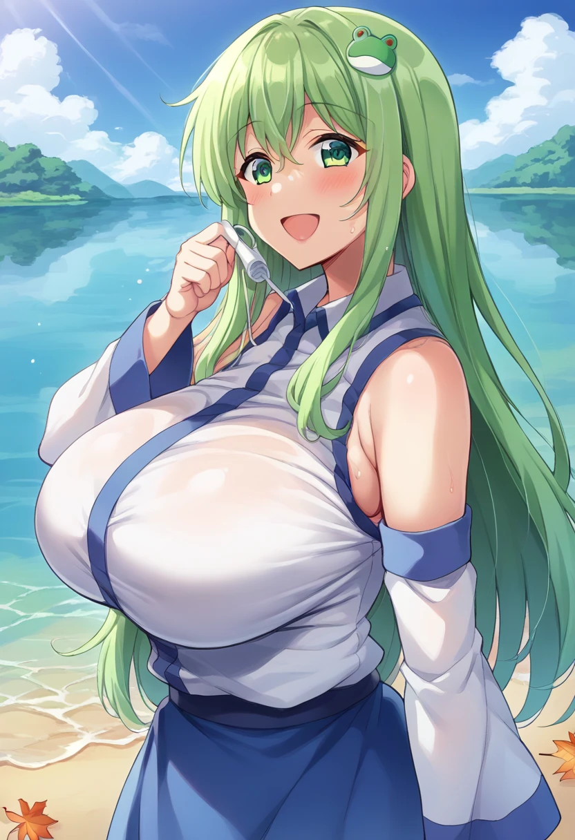 ( Masterpiece ), ( top quality), (8k), ( super high resolution), ( top quality), ( anime style), (Best writing), ( beautiful face), (  Masterpiece  ), ( top quality), (detailed  beautiful face and eyes), (  textile shading ), ( cowboy shooting), (lake), ( fall leaves for vaginal discharge),  1 girl , Alone, Sanae Kochiya,  1 girl ,  green hair,  long hair, Green Eyes,  Frog hair accessory , Hair Tube, Snake hair ornament,  colored shirt ,  white shirt,  detached sleeve ,  wide sleeve,  blue skirt,  ruffle skirt,  Big Breasts ,  Beautiful breasts, smile, Picking up my own hair , from side,,、 zzz c up , Bursting Chest,特大の Big Breasts,Big Breasts, Busty,超Busty, supermilk,big Breasts,big Breasts,Big Breasts,Big big breasts,bigger breasts,big,セクシーな大きなシリコンの Big Breasts,セクシーなビッグサイズのシリコン製Big Breasts, saggy breasts,((垂れ下がった Big Breasts)),((重く垂れた Big Breasts:1.5))、Obscene body,Fat ,,  erotic manga style body、 mature mature body steam、Sアップer huge、Sアップer huge、 sアップer exaggerated 、 extra large、 over covered ,  Hidden Breast Erections 、 abs