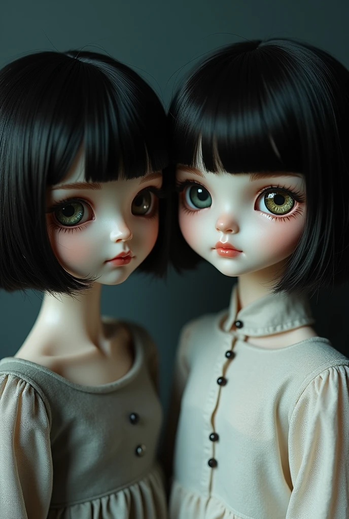 blythe doll, with white skin, dark black hair and bangs that are longer on the sides than in the center, black eyes, grunge makeup and light pink lips, black background, blythe doll style