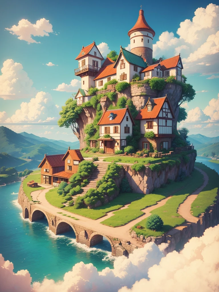 A magical countryside landscape with lush green hills, colorful wildflowers, and a vibrant blue sky with fluffy white clouds. A small rustic village with red-roofed houses sits in the distance. A whimsical steampunk-inspired airship floats gracefully in the sky. The scene is full of warmth and charm, inspired by classic Japanese anime aesthetics. Rendered with soft and detailed hand-painted textures, rich colors, and a dreamy atmosphere.
