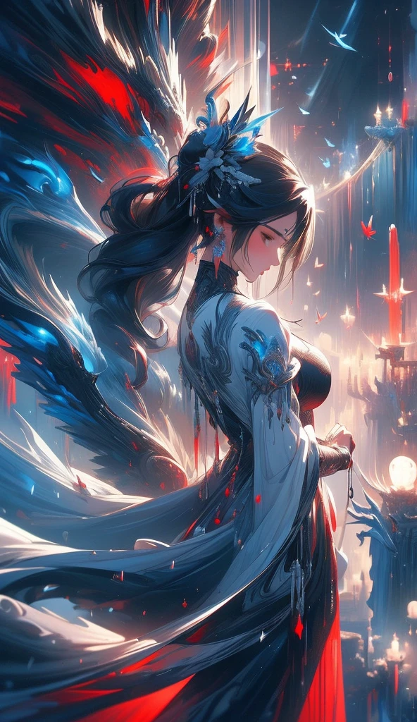 black and white and blue and red,(best quality, ultra-detailed, high resolution, extremely detailed cg),wide shot,dead angels stand on cliff edge,she is very beautiful,she like blood and sea,bloody rain, mystical,fanatic, intricate, surreal,delicate