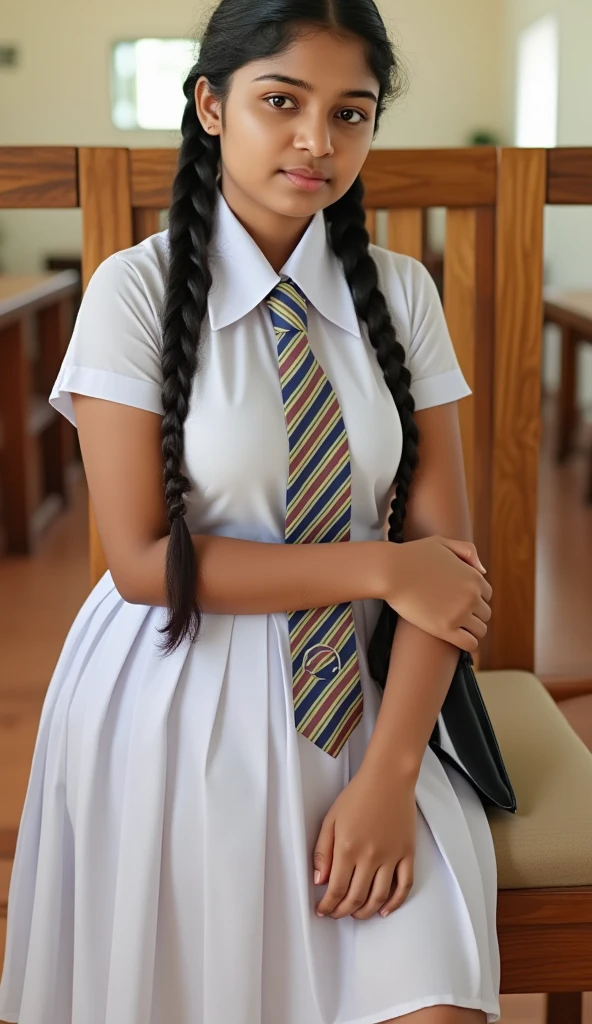 a beautiful cute  girl, sri lanka , big breasts size , detailed white frock uniform, color tie , sitting on the chair, beautiful barefoot , full body , wide photo ,cinematic lighting, hyperrealistic, photorealistic, 8k, masterpiece, warm colors, natural lighting , high quality, intricate details, tanned dark color skin, sweaty skin