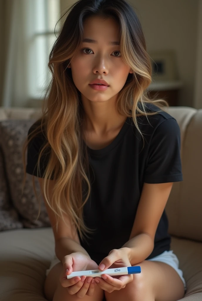 A 20-year-old girl with a pretty and charming face, with long hair that fades from black to gold, bright blue eyes that reflect light, wearing a white fitted shirt, a tight fit, and a short black skirt sitting on a bed, not paying attention to see white underwear, warm light, bright colors, sharp 8k