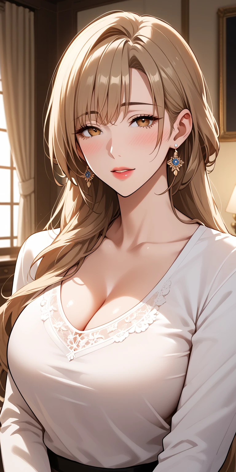 Score_9, Score_8_up, Score_7_up, Source_anime, anime art, anime style, very aesthetic, masterpiece, high quality, 1girl, elegant mature woman, milf, long sleeve, t-shirt, cleavage, brown hair, long hair, bangs, home, soft light, blushing, upper body, mfant