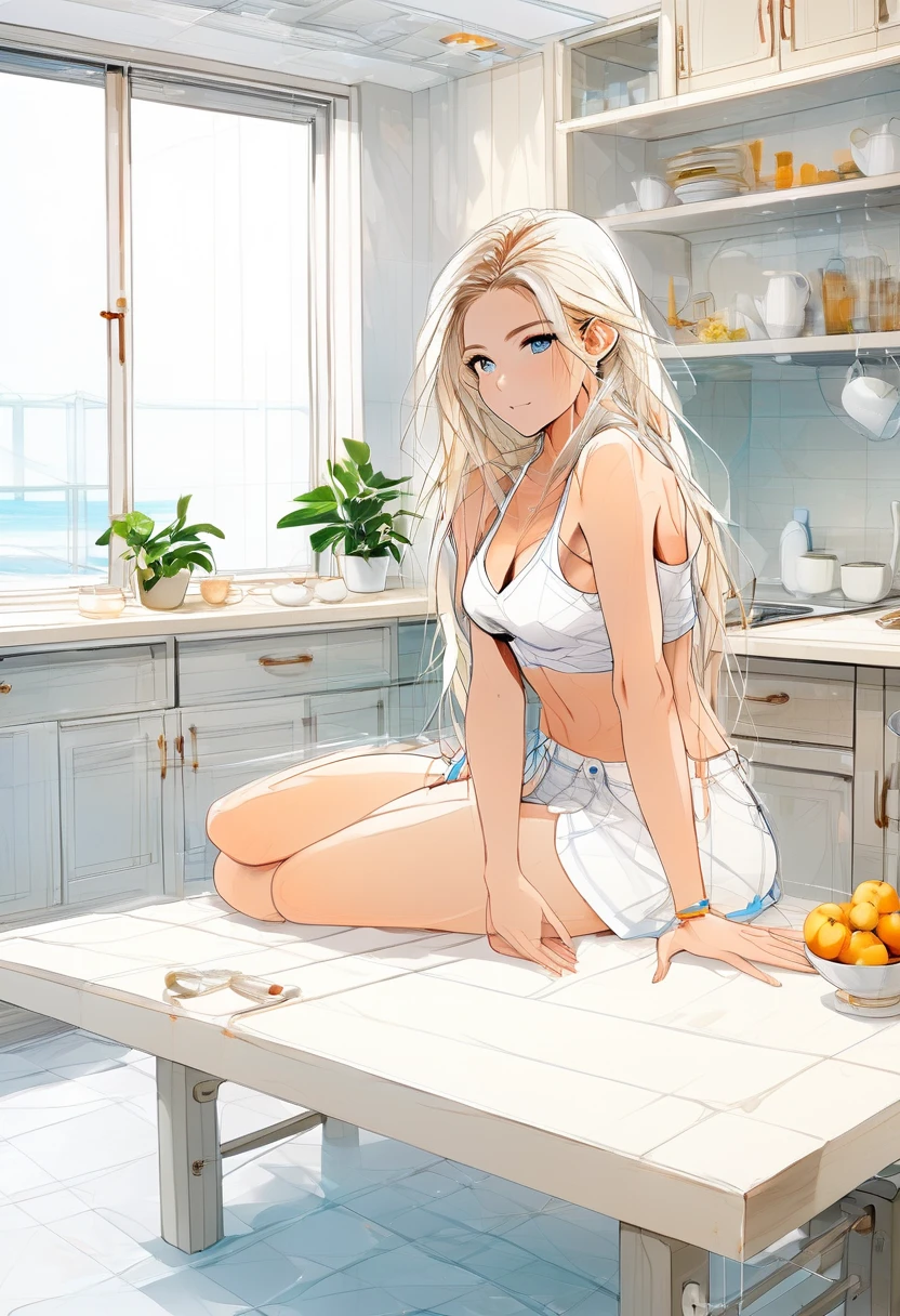 Girl, solo, Full Body, Long hair, white hair, Yellow eyes, sad face, eyes almost closed, Breasts, big Breasts, Large breasts, big Butt, Yellow bikini, detailed bikini, black mini shorts, eating food, in a room