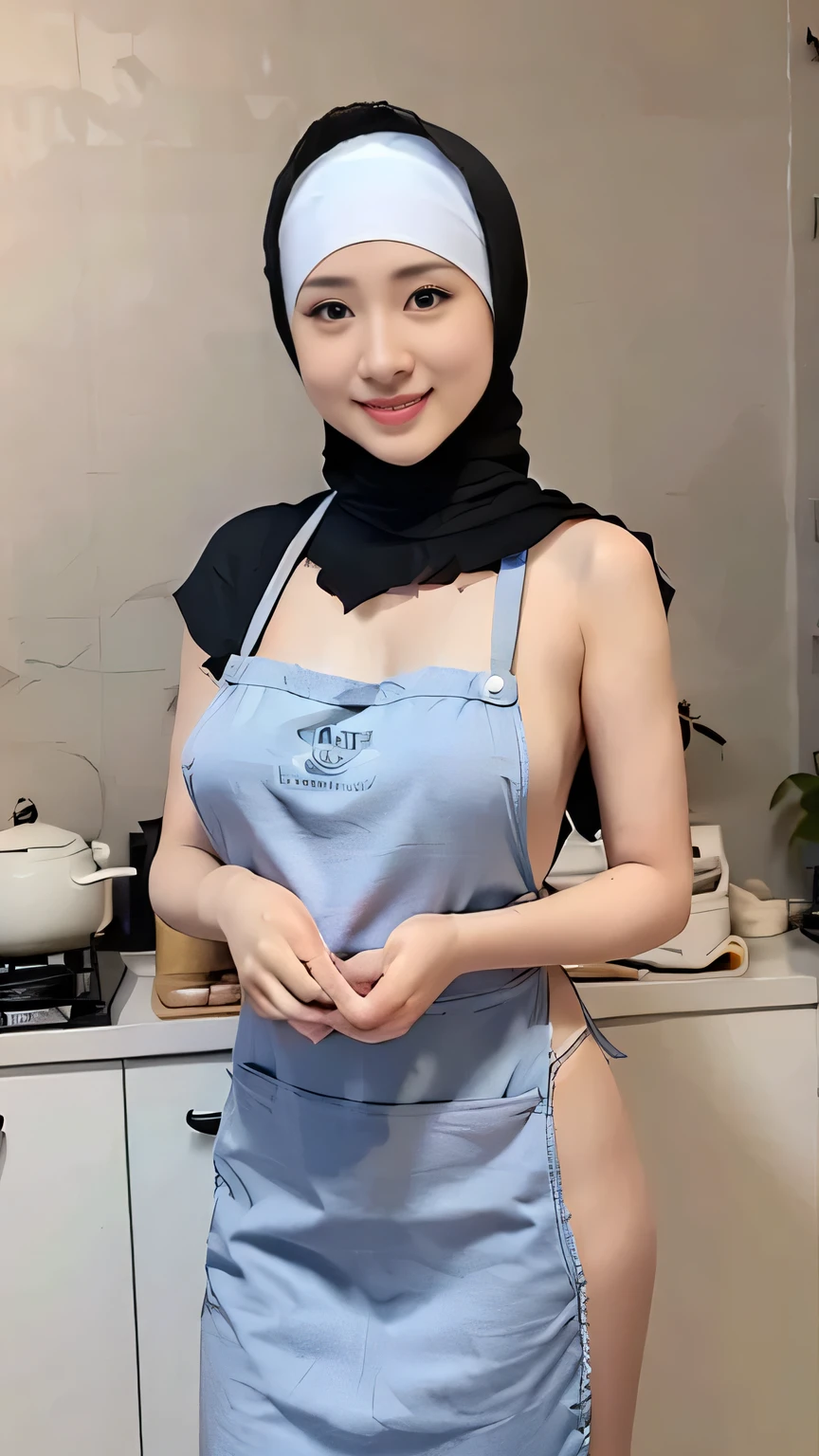top-quality,Beautiful detailed hijabi,Bewitching face,beauty Mongol model,long lashes,Wearing a colorful naked_apron, kitchen background detailed,Detailed details,side, big breast ,stares at the camera, smile, all body shoot,  showing her hairy armpit, dark hairy pussy, 