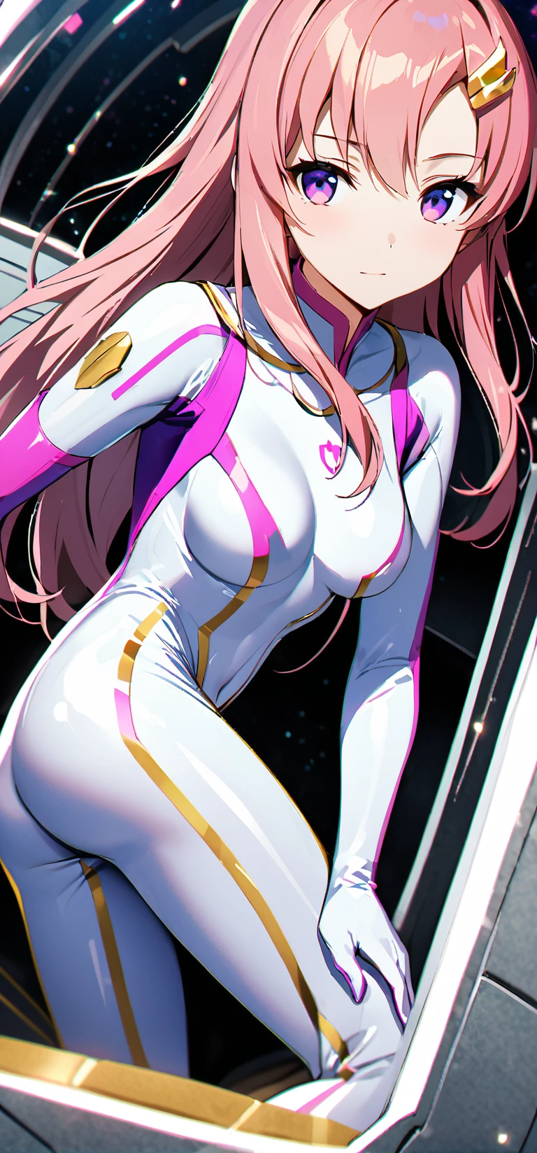 Lacus Klein 、 purple eyes、 hair ornament、 long hair、ウェーブの hair ornament、 pink hair, (white Rubber  Bodysuit  gold and pink lines,  Bodysuit , White handbag:1.3), , Height 1.5 meters, , 薄 purple eyes, (Pink Hair:1.2), ( long hair:1.4), (medium and soft breasts,  slender body,  small ass :1.4),  white skin, (Blue hair clip:1.2), (Look to the side:1.3), ( cockpit:1.3), ( lean forward :1.2), (Hands on knees:1.3),  starry sky , Teleshot, (  perfect anatomy sitting on a penis ),  depth of field, delicate details,  top quality,  anatomically correct,   high detail  ,  high definition , 8k, (  perfect hands:1.2),