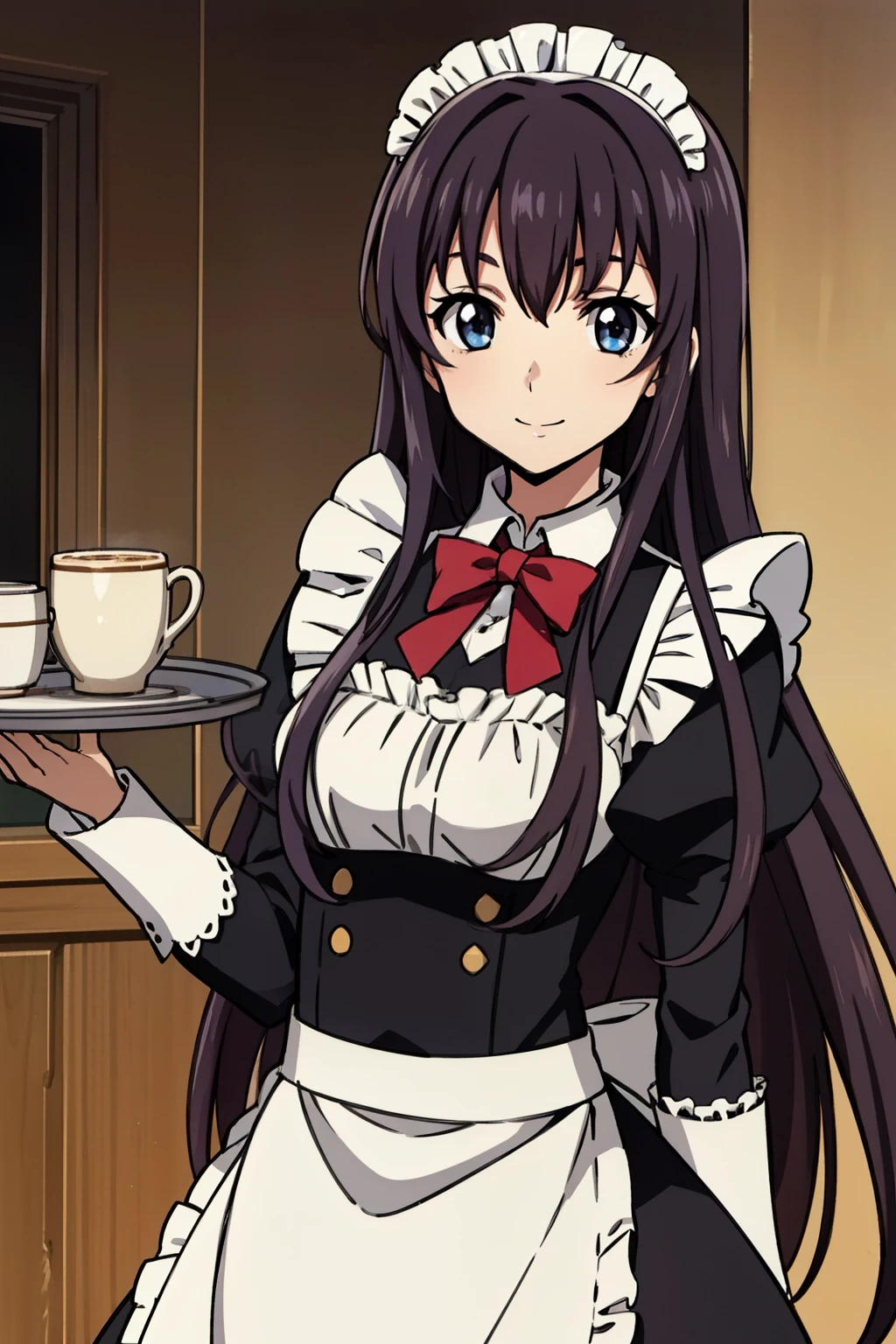 1 girl, cute, black hair, long hair, 髪band, (a café tray on hands), (smile), (Gothic coffee shop), ((maid)), (anime cels style, Masterpiece, best quality, high resolution, anime colored, megami magazine:1.2, anime poster style, anime keyvisual, sharp, 8k, photorealistic), beautiful eyes