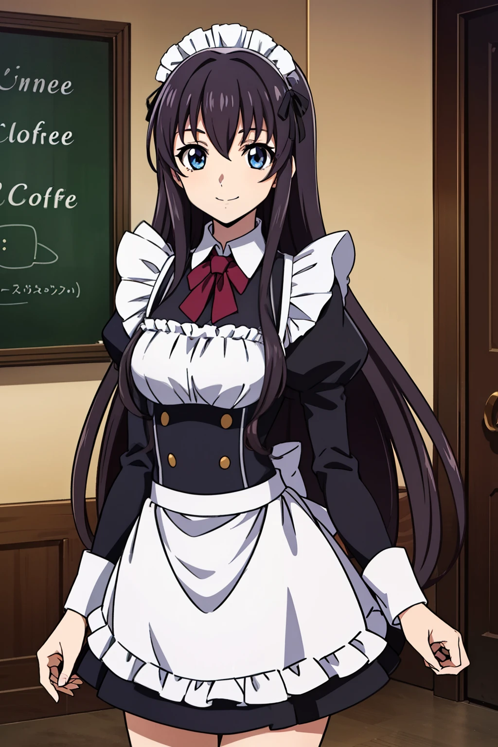 1 girl, cute, black hair, long hair, 髪band, (a café tray on hands), (smile), (Gothic coffee shop), ((maid)), (anime cels style, Masterpiece, best quality, high resolution, anime colored, megami magazine:1.2, anime poster style, anime keyvisual, sharp, 8k, photorealistic), beautiful eyes