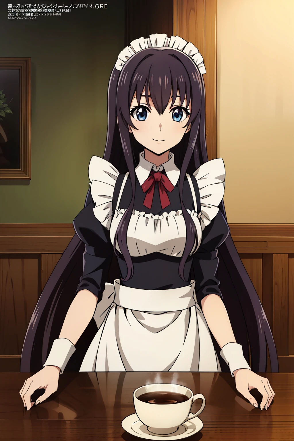 1 girl, cute, black hair, long hair, 髪band, (wiping the table with a rag), (smile), (Gothic coffee shop), ((maid)), (anime cels style, Masterpiece, best quality, high resolution, anime colored, megami magazine:1.2, anime poster style, anime keyvisual, sharp, 8k, photorealistic), beautiful eyes