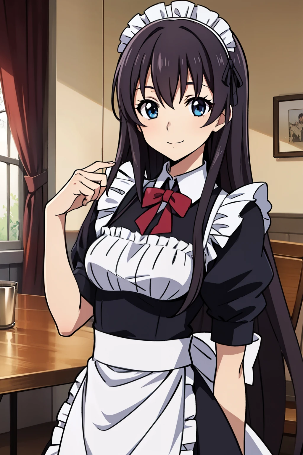 1 girl, cute, black hair, long hair, 髪band, (wiping the table with a rag), (smile), (Gothic coffee shop), ((maid)), (anime cels style, Masterpiece, best quality, high resolution, anime colored, megami magazine:1.2, anime poster style, anime keyvisual, sharp, 8k, photorealistic), beautiful eyes